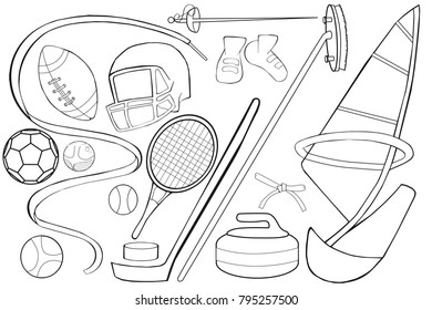 Coloring book. Sports Equipment Set.  Cartoon style.  Isolated image on white background.
