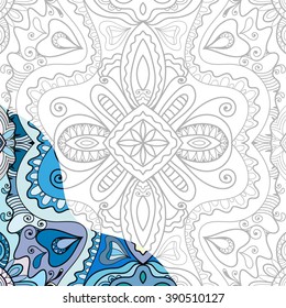 Coloring book square page for adults. Decorative floral ornament for painting, authentic carpet design. Vector illustration, line art.