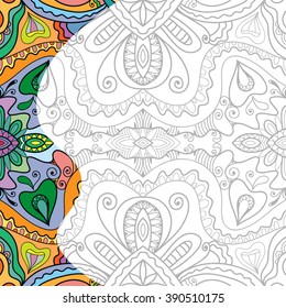 Coloring book square page for adults. Decorative floral ornament for painting, authentic carpet design. Vector illustration, line art.