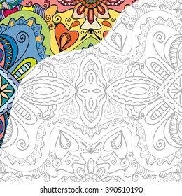 Coloring book square page for adults. Decorative floral ornament for painting, authentic carpet design. Vector illustration, line art.