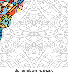 Coloring book square page for adults. Decorative floral ornament for painting, authentic carpet design. Vector illustration, line art.