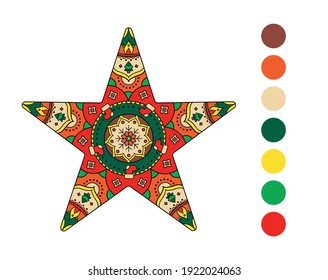 Coloring book. Star Mandala. Coloring page. Colorcast. Colorful. Anti stress for adults. Vector illustration. Merry Christmas. Happy New Year. Winter. Xmas.