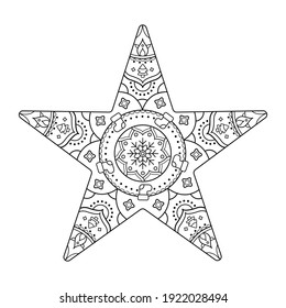 Coloring book. Star Mandala. Coloring page. Outline Design. Anti stress for adults. Vector illustration. Merry Christmas. Happy New Year. Winter. Xmas.