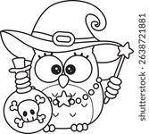 Coloring book of Sticker of violet owl daily activities.
outline of baby owl bring a black toxic potion
