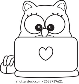 Coloring book of Sticker of violet owl daily activities.
outline of owl typing in the notepad

