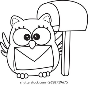 Coloring book of Sticker of violet owl daily activities.
outline of baby owl sending a message in the mail box
