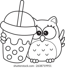 Coloring book of Sticker of violet owl daily activities.
outline of baby owl bring a Boba tea
