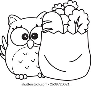 Coloring book of Sticker of violet owl daily activities.
outline of baby owl bring a grocery bag
