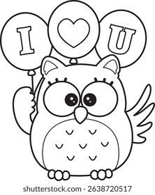 Coloring book of Sticker of violet owl daily activities.
outline of baby owl bring a balloons with I Love You text
