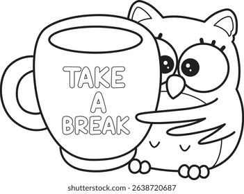 Coloring book of Sticker of violet owl daily activities.
outline of baby owl bring a hot tea
