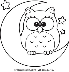Coloring book of Sticker of violet owl daily activities.
outline of baby owl stand up in the moon
