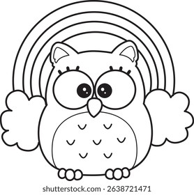 Coloring book of Sticker of violet owl daily activities.
outline of baby owl in front of the rainbow
