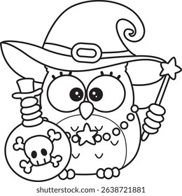 Coloring book of Sticker of violet owl daily activities.
outline of baby owl bring a black toxic potion
