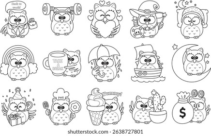Coloring book of Sticker of violet owl daily activities.
outline of daily life by baby owl