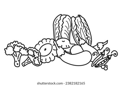coloring book, still life on the table. composition with healthy food. vector linear outline of vegetables. broccoli, squash, Chinese cabbage, eggplant, green peas. drawing for a supermarket, cafe.