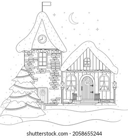 Coloring book. The street of an old, fabulous city with a Christmas tree, gifts. For a greeting card, design, decoration, ticket. Urban festive, winter landscape.