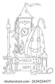 Coloring Book For Stress Relief For Adults And Kids With A Halloween Composition Of Clocks Pumpkins And Candles