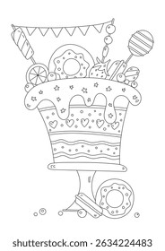 Coloring Book For Stress Relief For Adults And Kids And Cake With Many Decorations