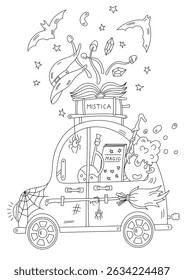 Coloring Book For Stress Relief For Adults And Kids And Witch Machine With Magical Attributes