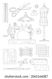 Coloring book for study and recreation. Sewing items drawn by line on a white background. Vector image.