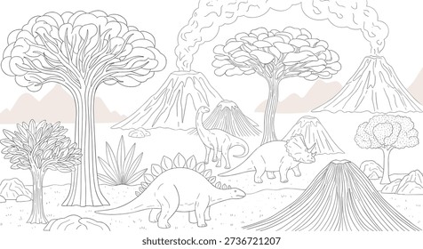 Coloring book style dinosaur landscape featuring prehistoric creatures, volcanoes with smoke, and various trees in a detailed line art scene.