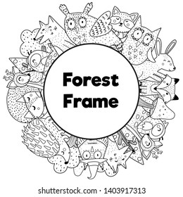 Coloring book style frame with place for your text. Adult and kids coloring page with funny forest animals. Vector illustration