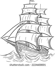 coloring book style illustration of pirate's sail ship