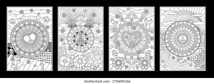 Coloring Book Style Illustrations, 1960s Hippie Art Abstract Patterns, Backgrounds, Peace Symbols, Hearts Flowers