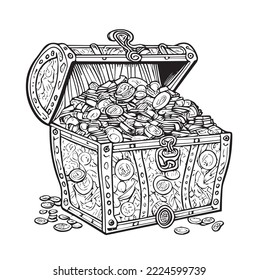 Coloring book style pirate's treasure chest full of golden coins