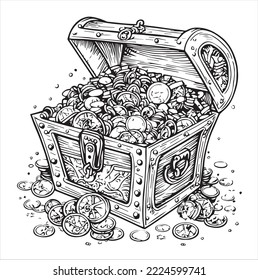 Coloring book style pirate's treasure chest full of golden coins