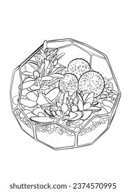 Coloring Book. Suculens in a glass ball. Children's and adult coloring with one line. Suculent in the aquarium. 