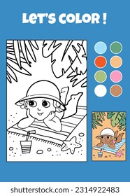 Coloring book summer activity, Cute baby girl relaxing on the beach