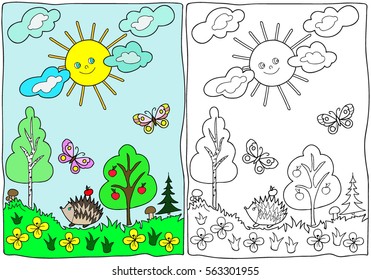  Coloring  book.  Summer. Forest. Hedgehog.  Hand drawn. Black and white. Children, adults. Color vector illustration.