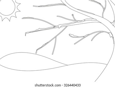 Coloring book - Sunny day in winter with tree with snow