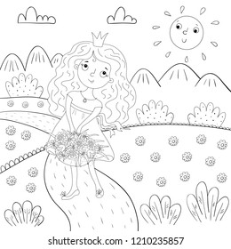 coloring book sunny meadow , cute girl, design for kids