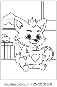 Coloring book  sweet fox cub with a heart-shaped message, ready for a Valentine's Day coloring adventure