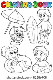 Coloring book with swimming kids - vector illustration.