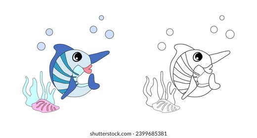 Coloring book Swordfish with bubbles and algae in the ocean. For posters, prints on clothes. Vector