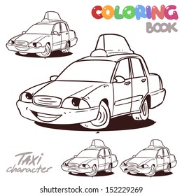 coloring book taxi car, cartoon character isolated on white