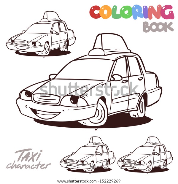coloring book taxi car, cartoon character isolated\
on white