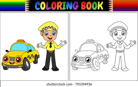 Coloring book with taxi driver cartoon