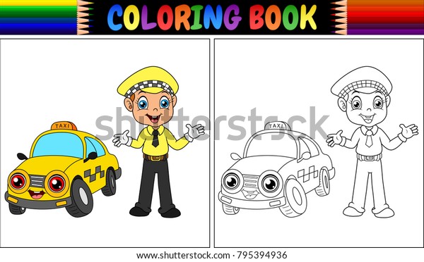 Coloring book with taxi\
driver cartoon