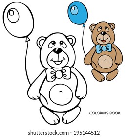 Coloring book. Teddy Bear with balloon. Vector illustration. Black contour trace. 