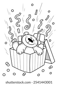 Coloring book teddy bear in gift box hand drawn. Cute character. Surprise toy. Happy holiday. Festive joy. Celebratory event. Vector outline art illustration. Page for kids and adults.