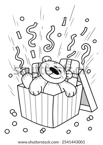 Coloring book teddy bear in gift box hand drawn. Cute character. Surprise toy. Happy holiday. Festive joy. Celebratory event. Vector outline art illustration. Page for kids and adults.