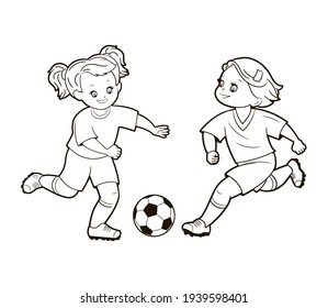 Coloring book: teenage girls playing soccer kicking soccer ball.Vector illustration in cartoon style, isolated black and white line art.