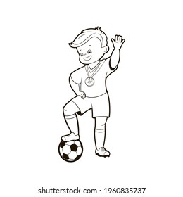 Coloring book teenage soccer player celebrating victory with medal on chest and standing one foot on soccer ball.Vector illustration, cartoon, black and white isolated line art