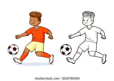 Coloring book, Teenage soccer players kicks soccer ball.Vector illustration in flat cartoon style, comic	