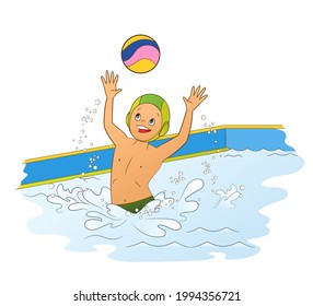 Libro de colorear: Adolescente de waterpolo polo tirando pelota en la piscina jugando al waterpolo. Ilustración vectorial al estilo de dibujos animados para niños