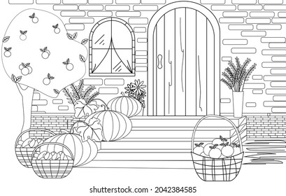 Coloring book for the Thanksgiving holiday. Vector black and white illustration with pumpkins, collected fruits in baskets in the courtyard of a rural house